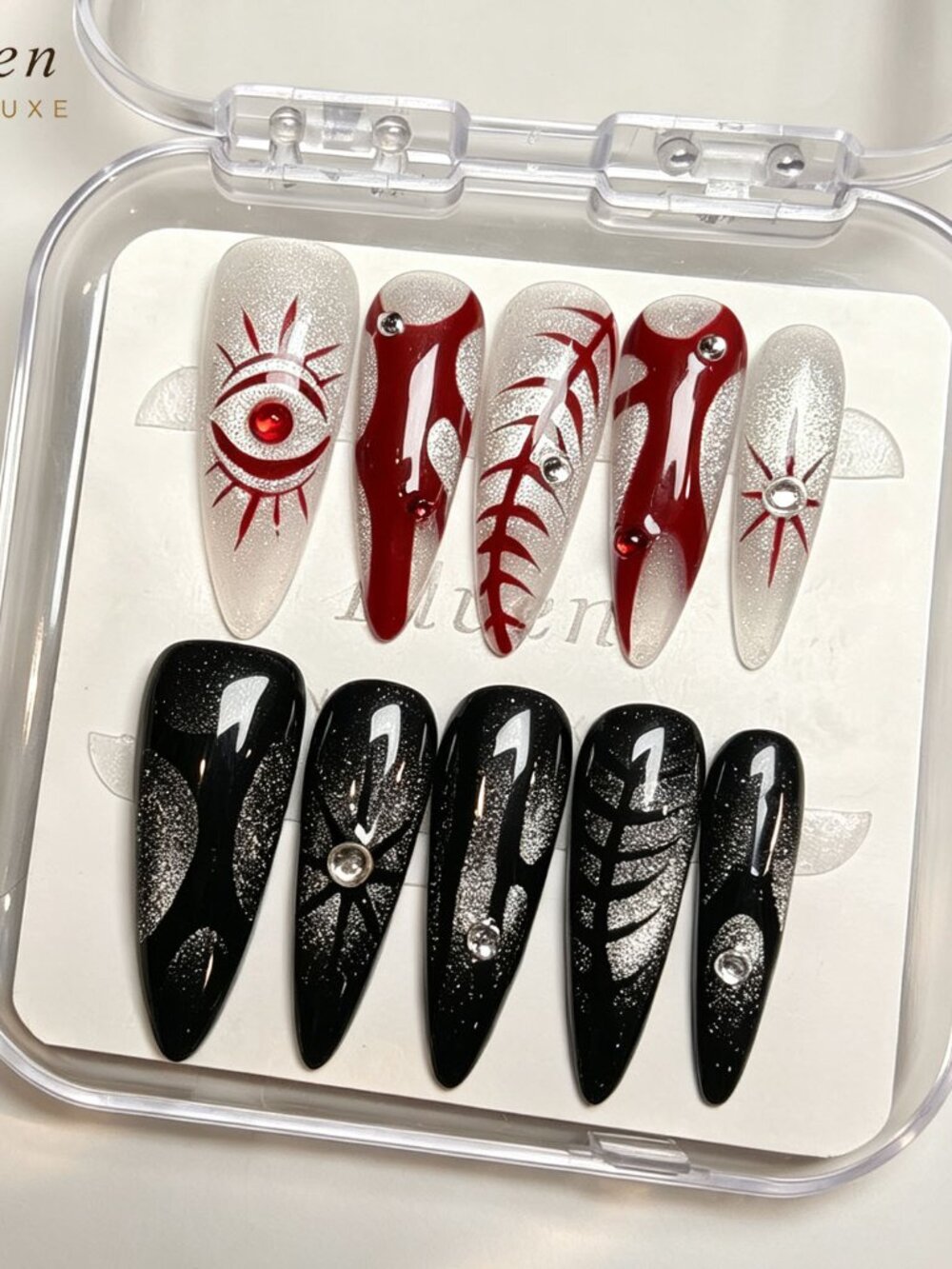Red and Black Cat Eye Gothic Style Devil Eye Handmade Stiletto Press On Nails